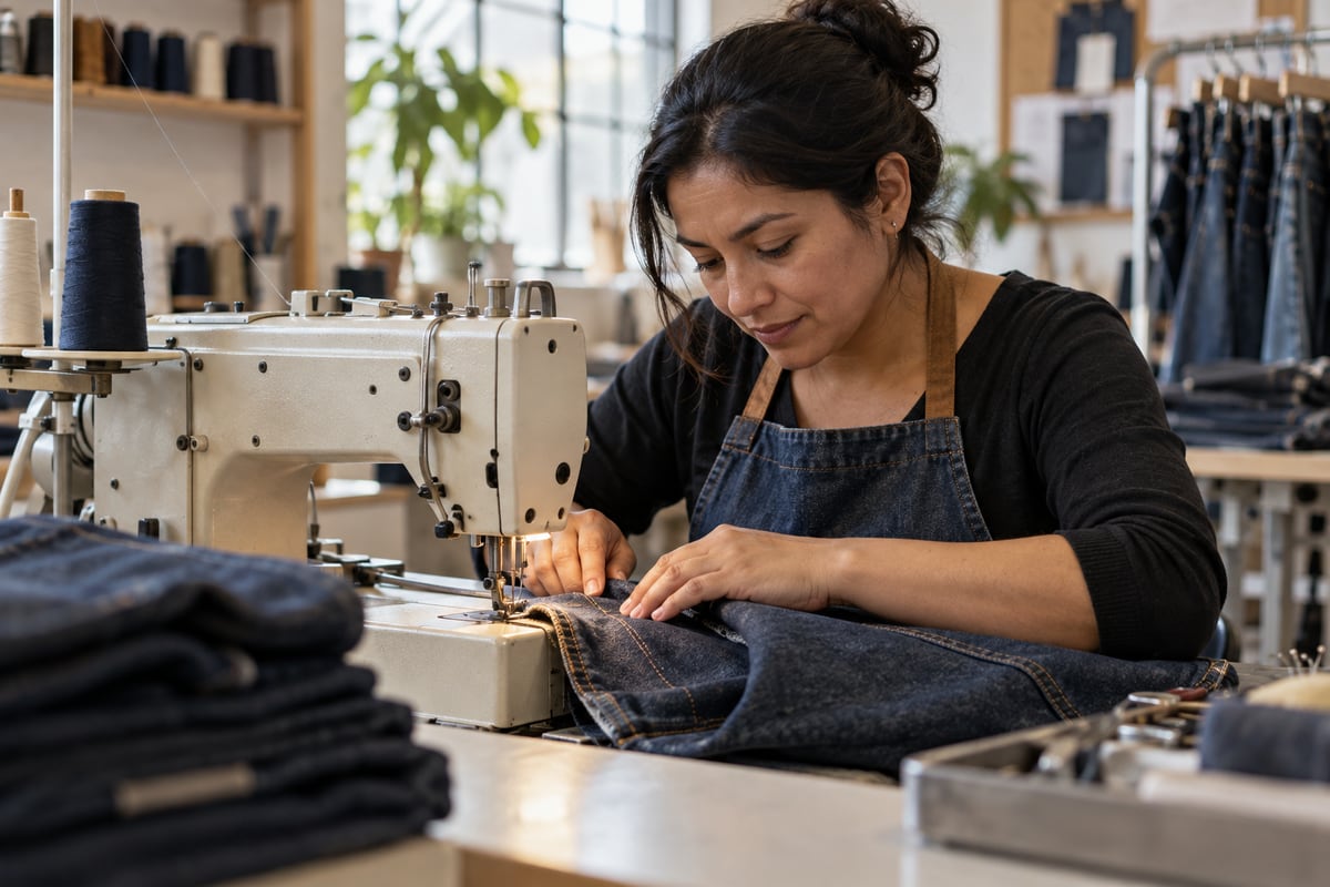 Confeccionista cose una prenda de denim en un taller