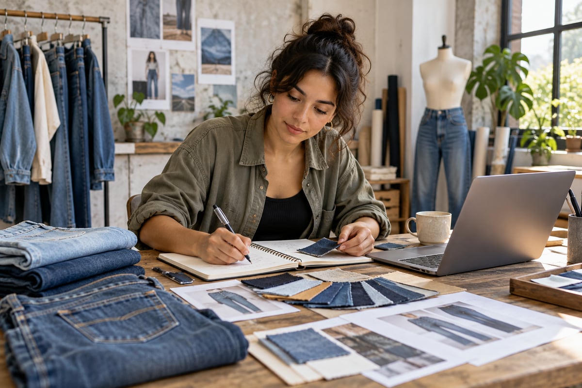 Diseñadora dibuja prendas jeanswear y revisa muestras de telas