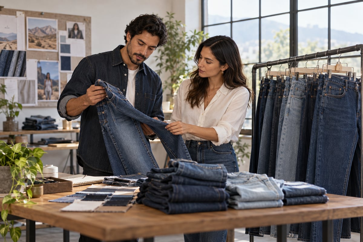 Dueños de marca revisan prendas y telas denim en un showroom