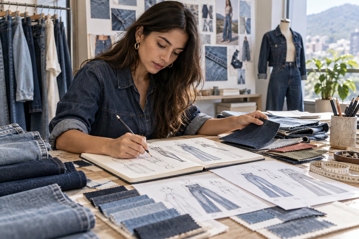 Emprendedora planifica una primera colección jeanswear con muestras de denim
